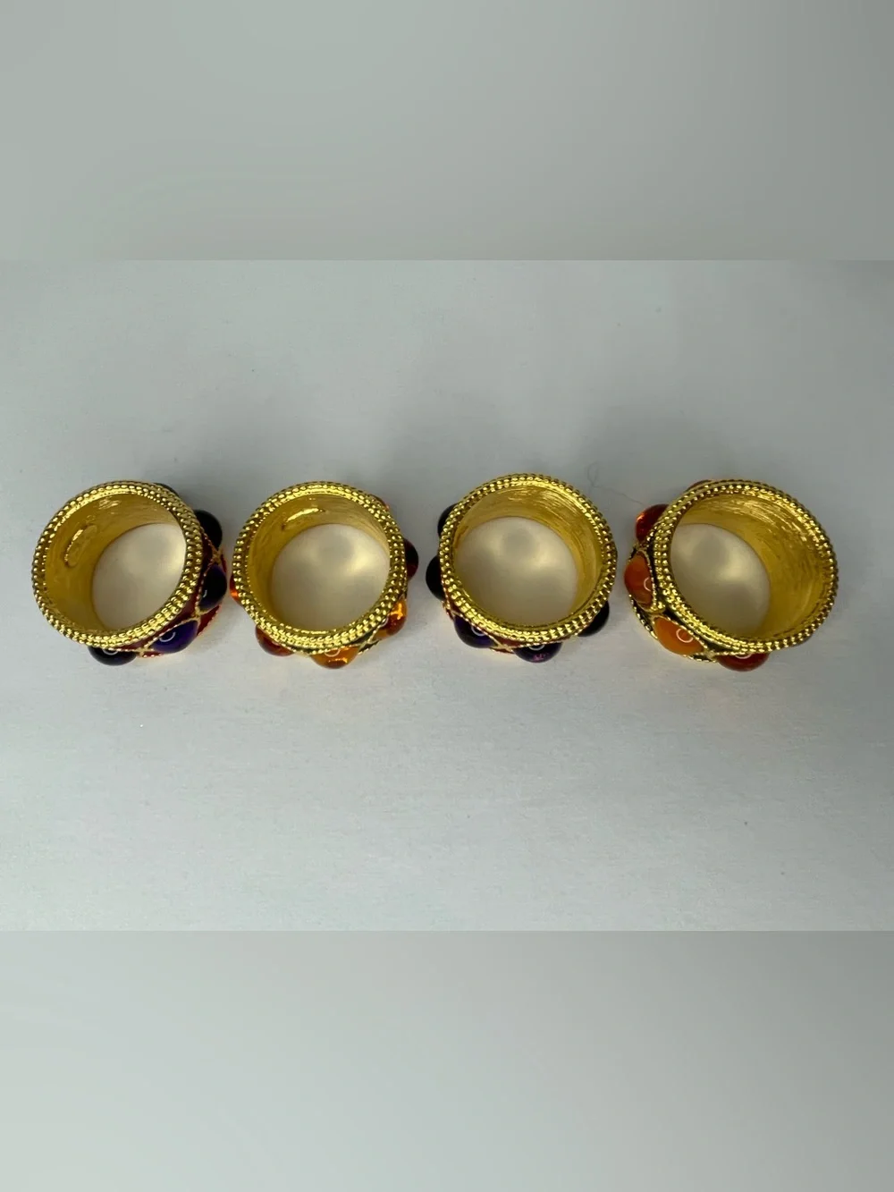 Vintage Luxury Hand Enameled Napkin Rings By Mike+Ally-Gold With Stones